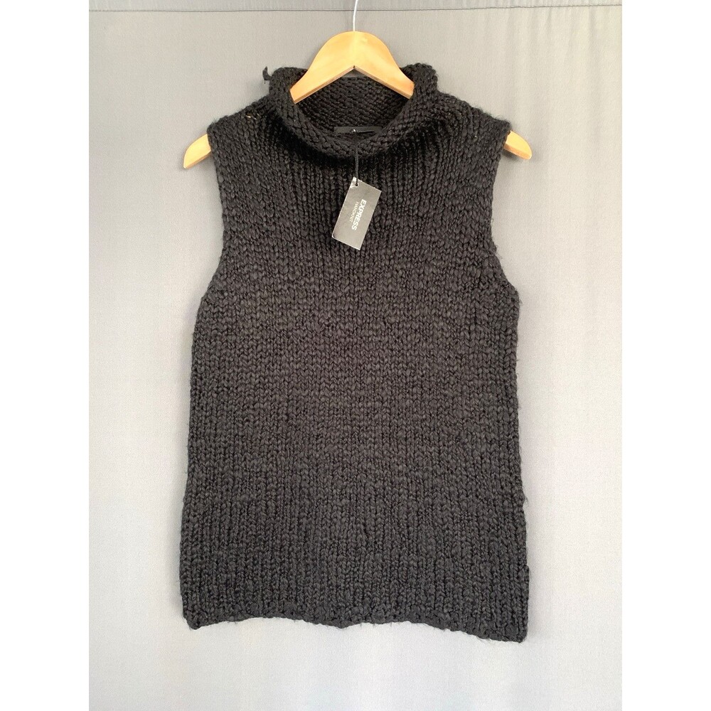 Express Chunky Wool Blend HandKnit Sweater Large Black Sleeveless Mock Neck 90s